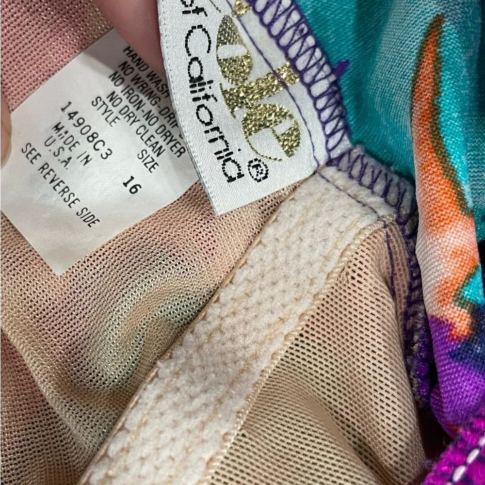Vtg Y2K Abstract Swim One Piece Sz 16 High Cut Neon Floral Print Ruched